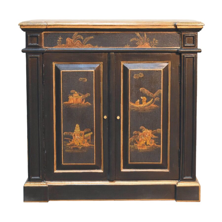 Antique lacquered cabinet with oriental landscape motifs.