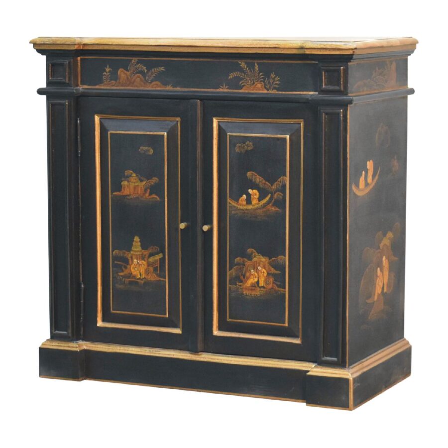 Antique black lacquered cabinet with golden oriental motifs.