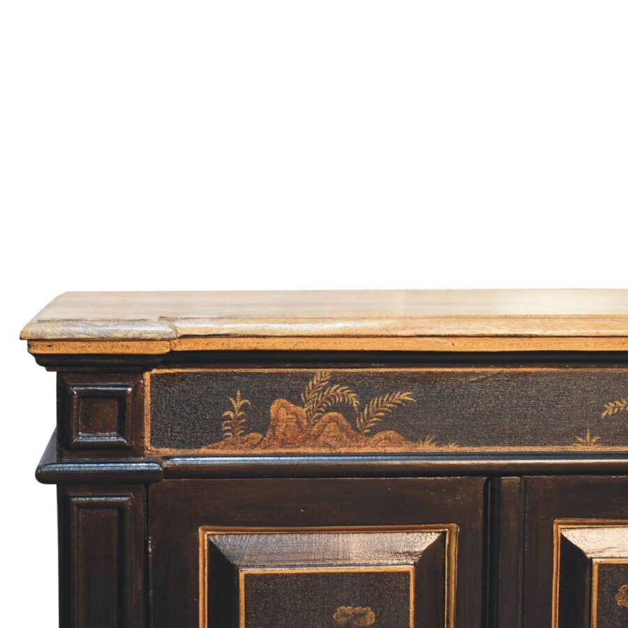 Antique wooden sideboard with decorative carving, isolated on white.