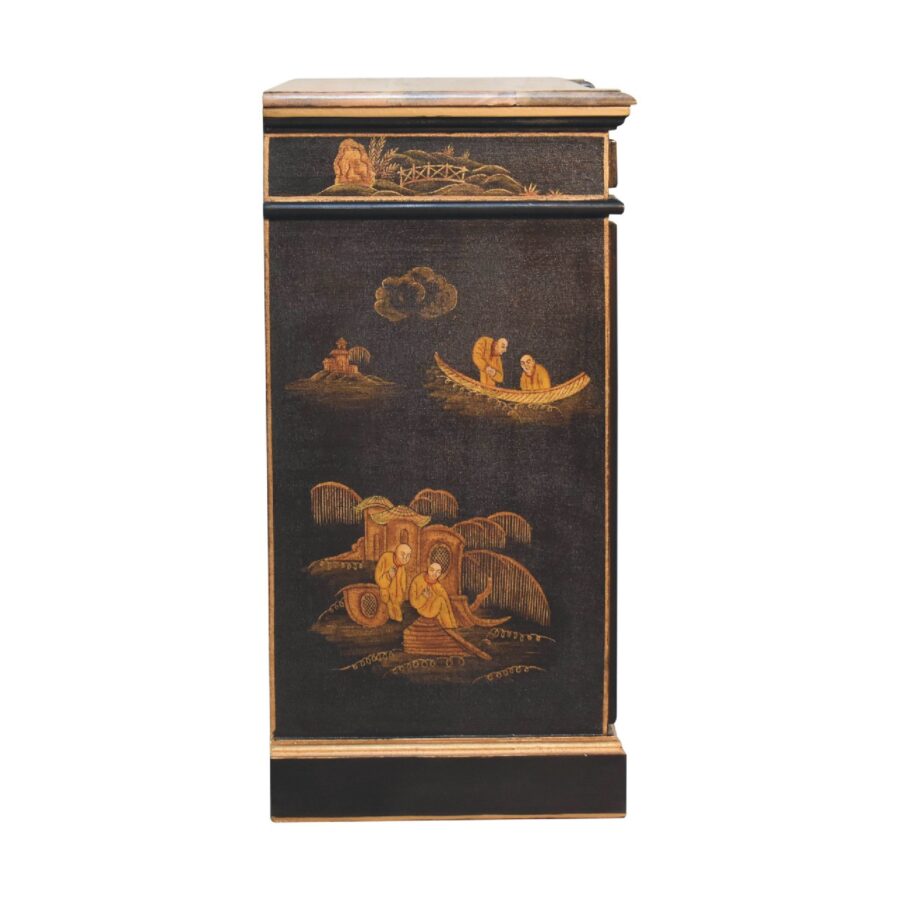 Antique Oriental lacquered cabinet with artwork.