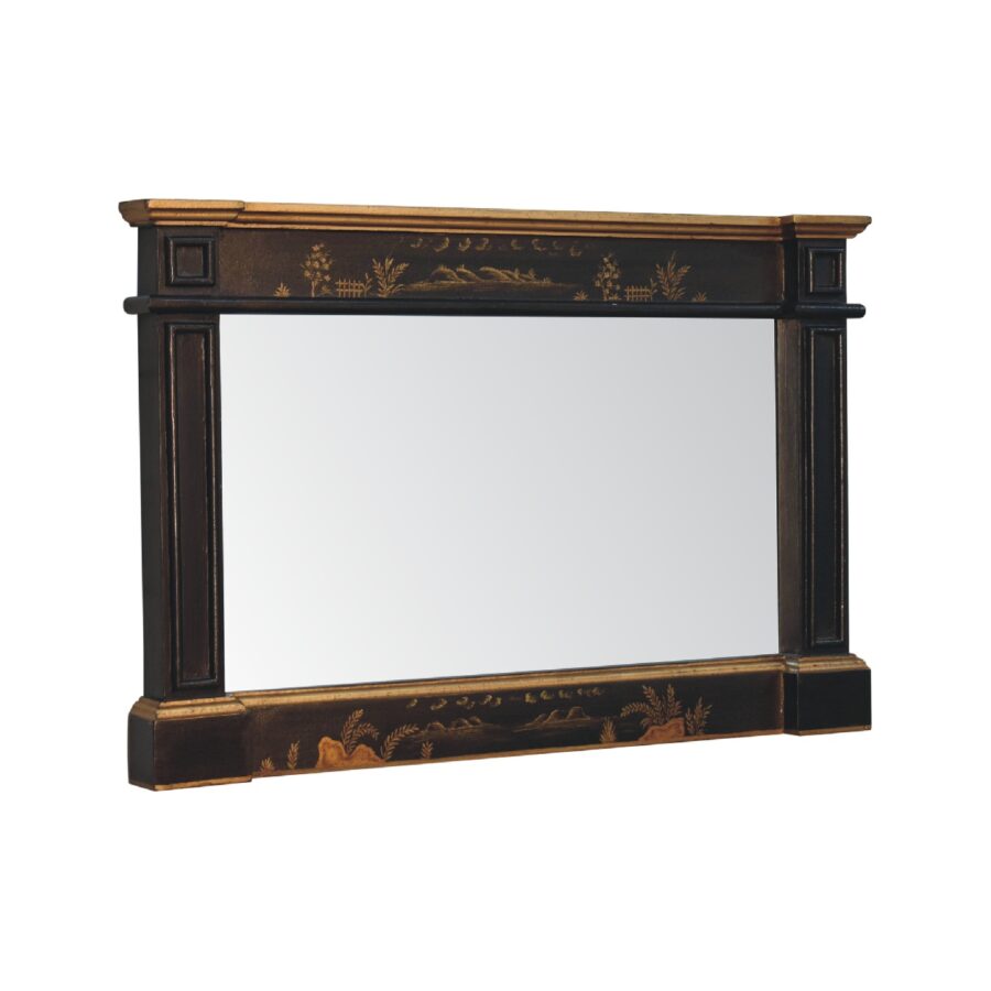 Antique-style decorative wooden fireplace mantel with mirror.