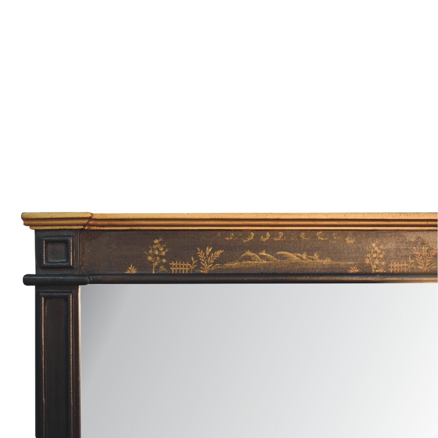 Antique wooden table with ornate gold inlay design.
