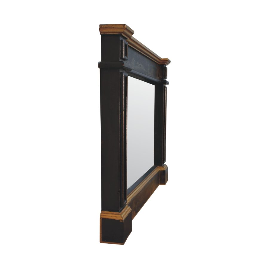 Antique-style black framed mirror on white background.