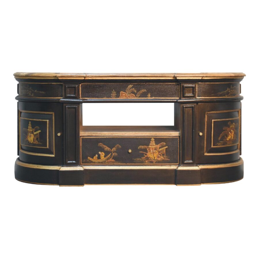Antique lacquered wooden desk with oriental designs.