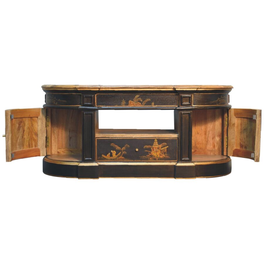 Antique oriental black lacquer desk with open drawers.