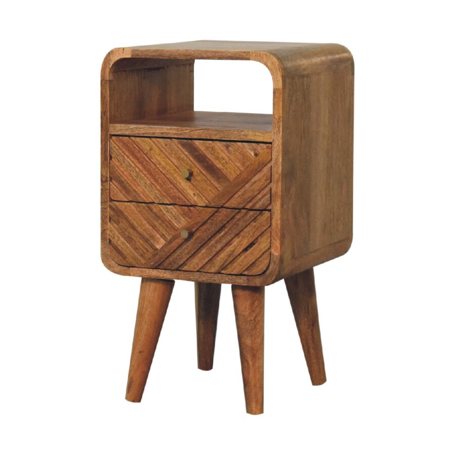 Wooden bedside table with drawers on angled legs.