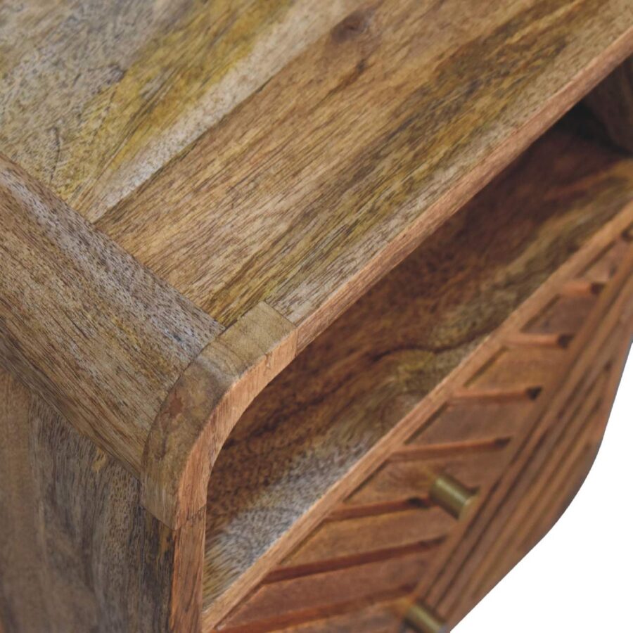 Close-up of wooden texture on furniture corner.