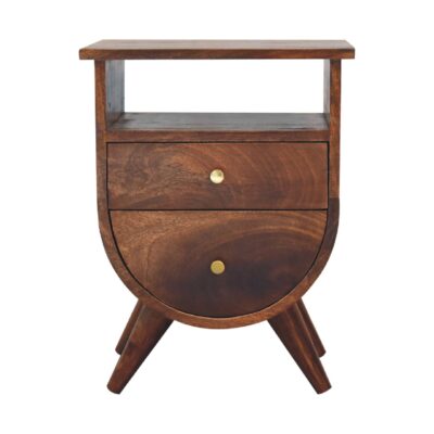 Wooden bedside table with drawers on white background.
