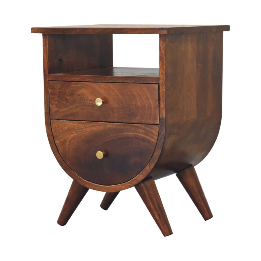 Wooden bedside table with round drawer.