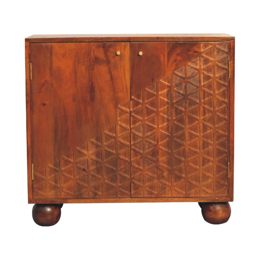 Vintage wooden cabinet with geometric pattern design.