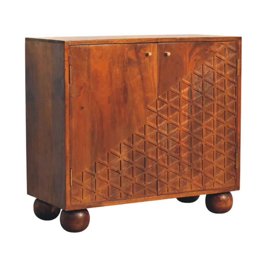 Wooden cabinet with geometric pattern on spherical legs.