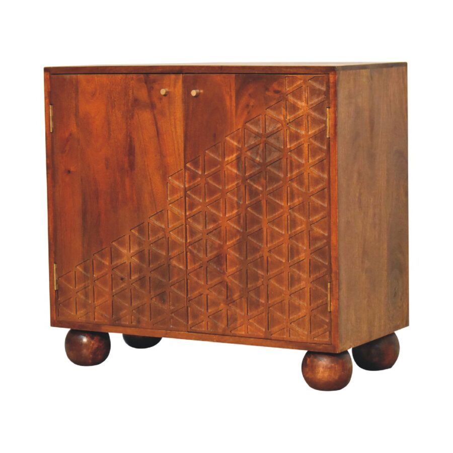 Vintage wooden cabinet with geometric pattern and spherical feet.