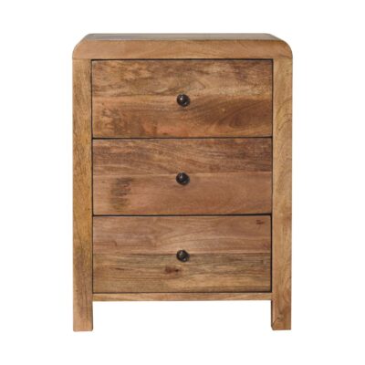 Wooden three-drawer bedside cabinet.