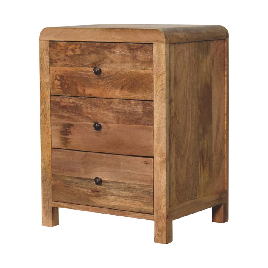 Wooden three-drawer bedside cabinet.