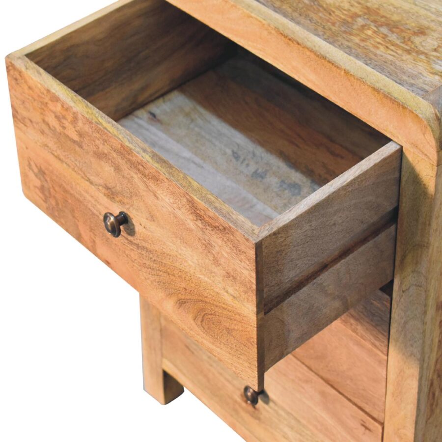 Open wooden drawer with knob.