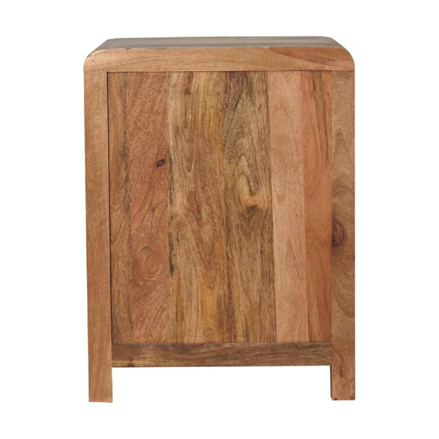 Wooden bedside table on white background.
