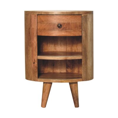 Wooden bedside table with drawer on white background.