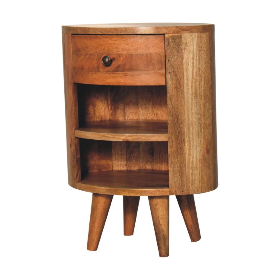 Round wooden bedside table with drawer and shelves.