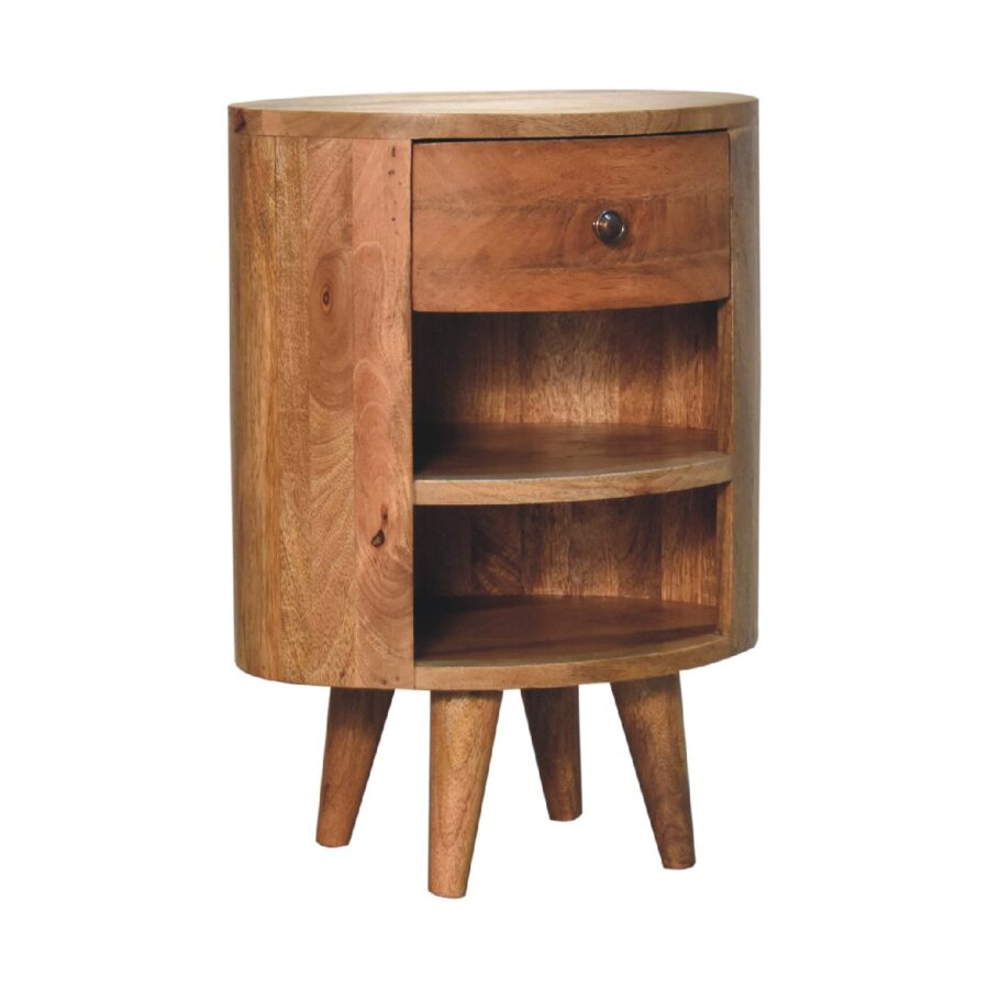 Wooden curved bedside table with drawer and shelves.