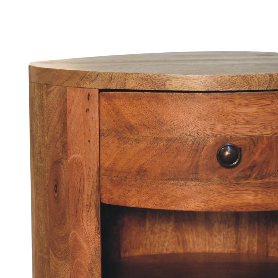 Wooden bedside table with drawer and knob.