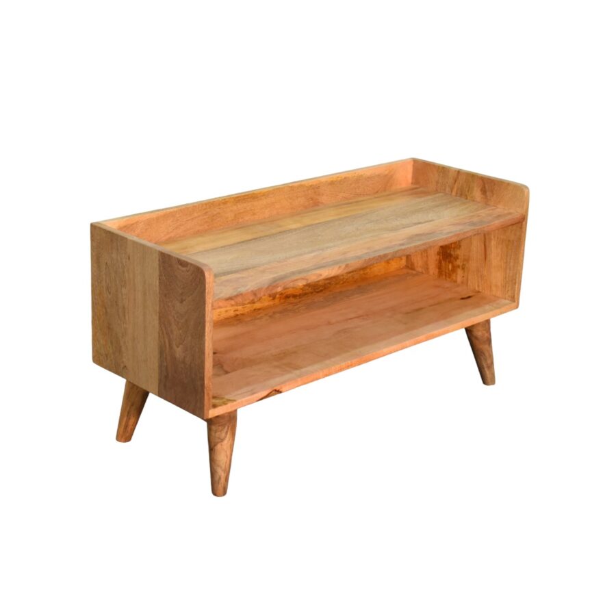 Wooden mid-century modern style coffee table on white background.