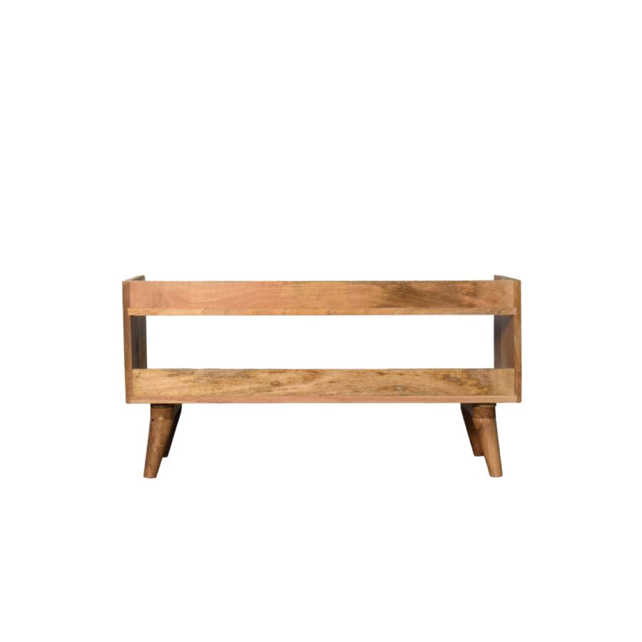 Wooden mid-century modern bench isolated on white background.