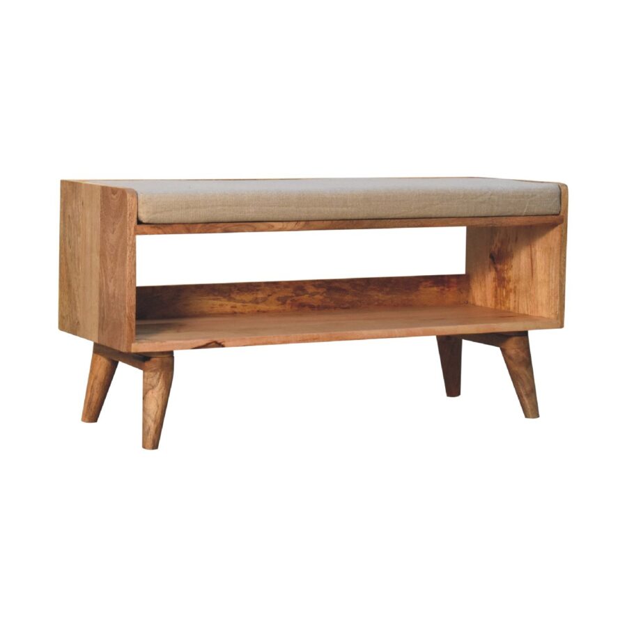 Wooden bench with fabric seat and lower shelf