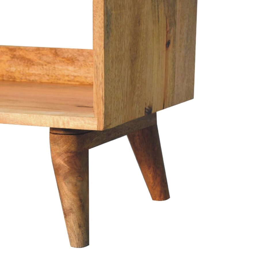 Wooden furniture leg and corner detail.