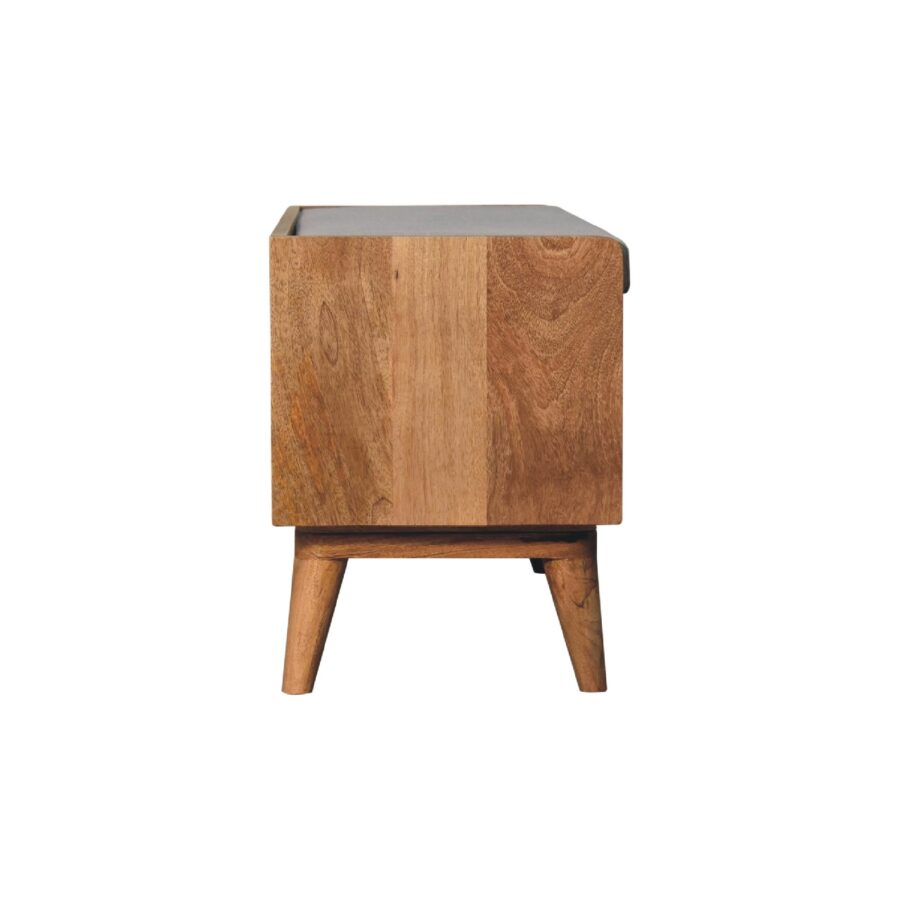 Wooden bedside table on white background.