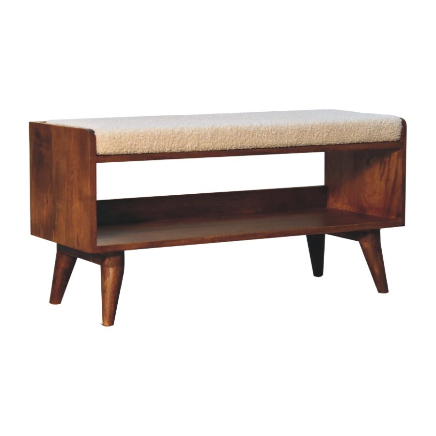 Wooden bench with cushion and shelf, mid-century modern.