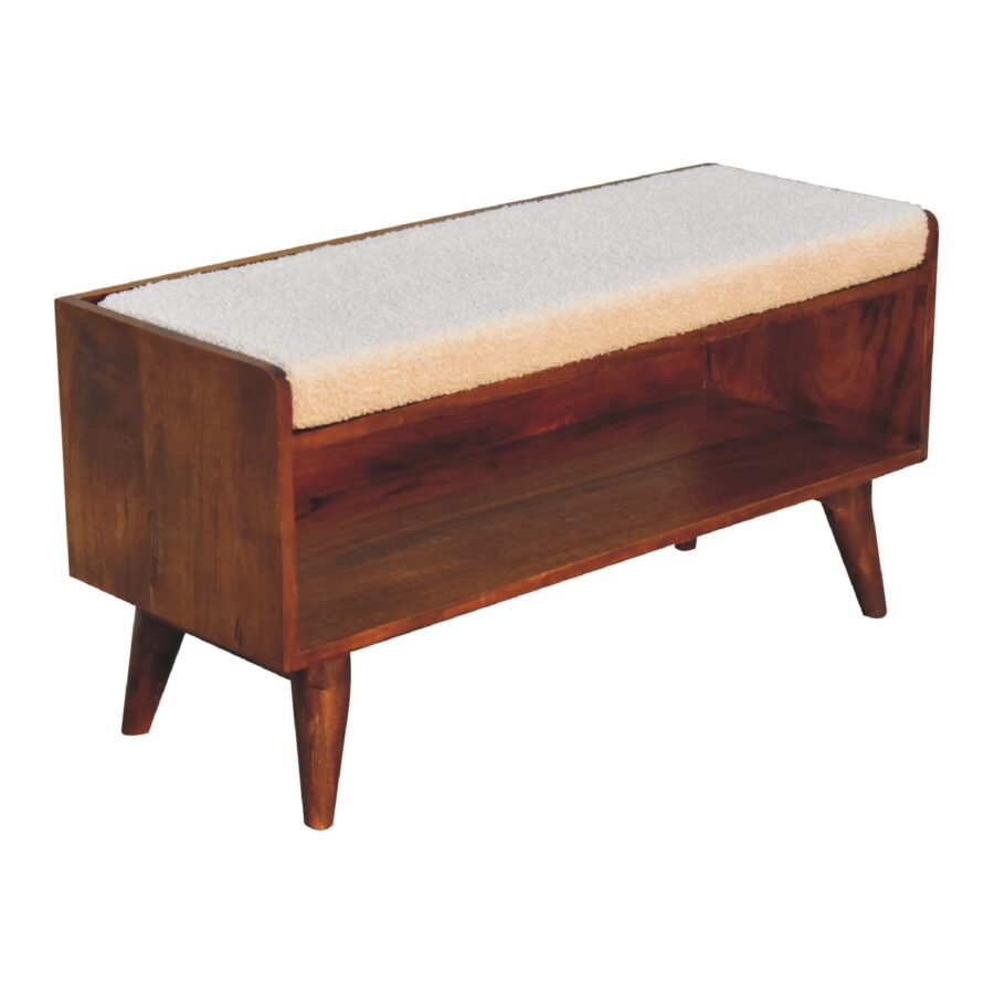 Mid-century wooden bench with cushioned seat.