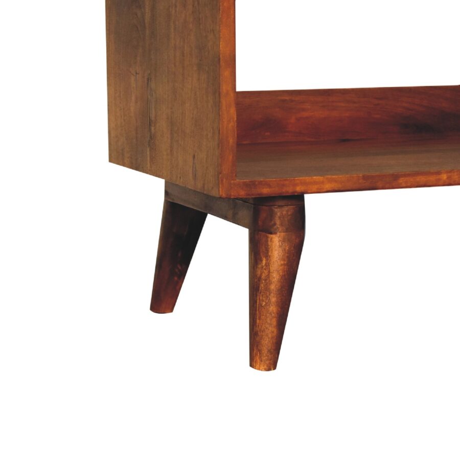 Wooden chair leg detail on white background.