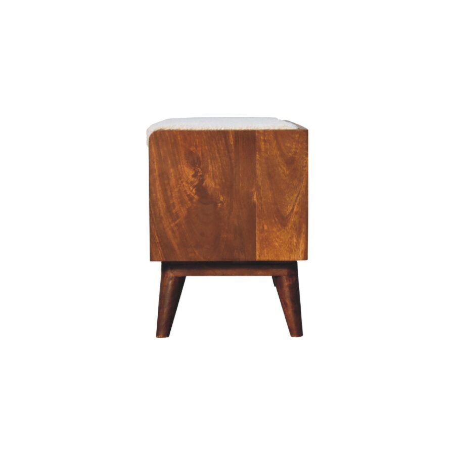 Wooden bedside table on white background.