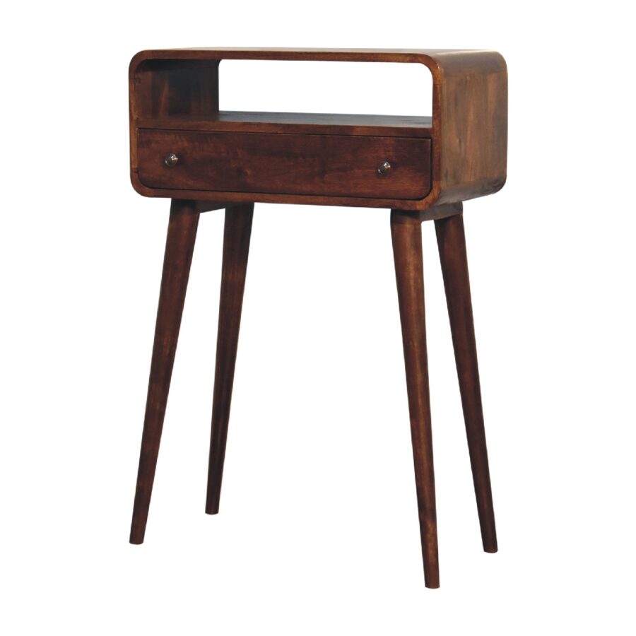 Vintage wooden bedside table with drawers on legs.