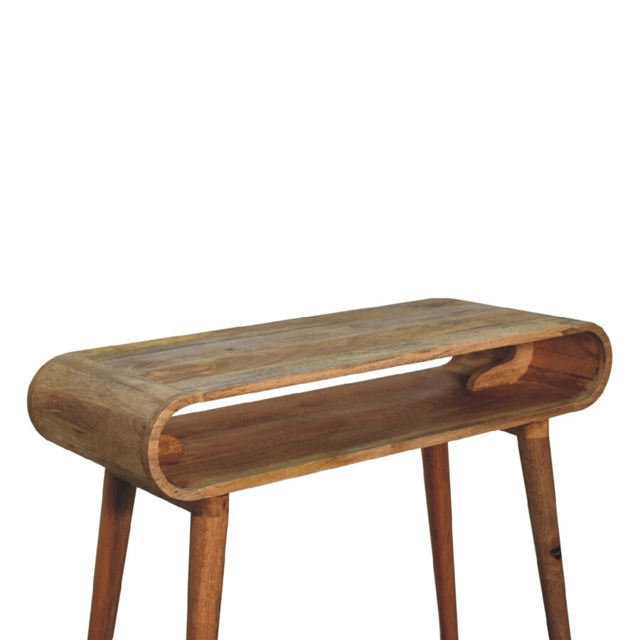 Wooden console table on white background.