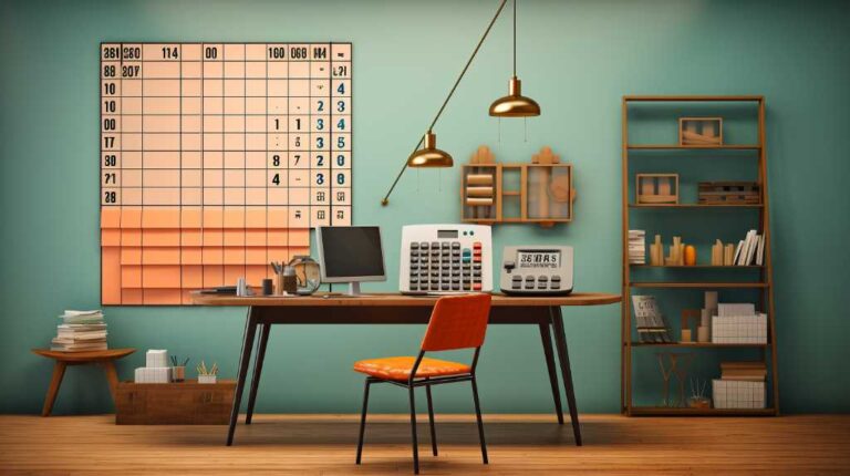 Stylish modern home office with calendar wall design.