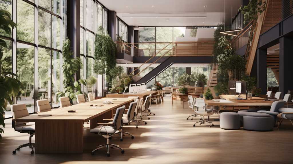 Modern office interior with green plants and natural light.