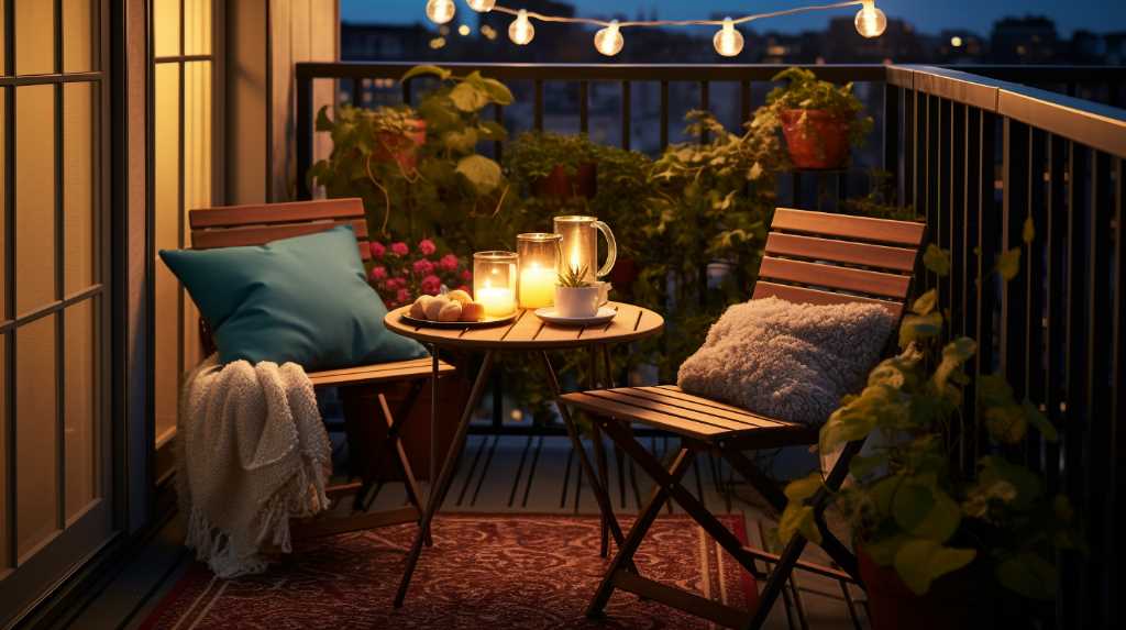 Cozy balcony setup with lights and plants at dusk.