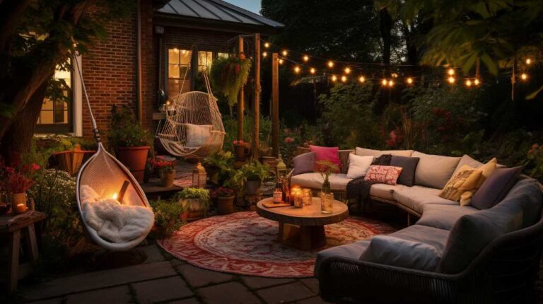 Cosy garden patio with lights at dusk.