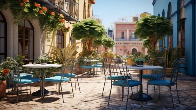 Sunny outdoor cafe terrace with plants and blue chairs.