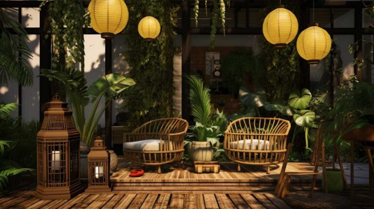 Cosy outdoor patio with plants and yellow lanterns.