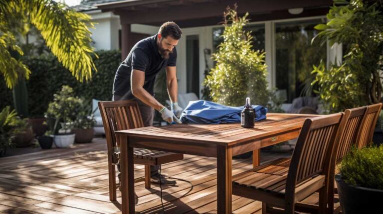 Man cleaning wooden table outdoors.