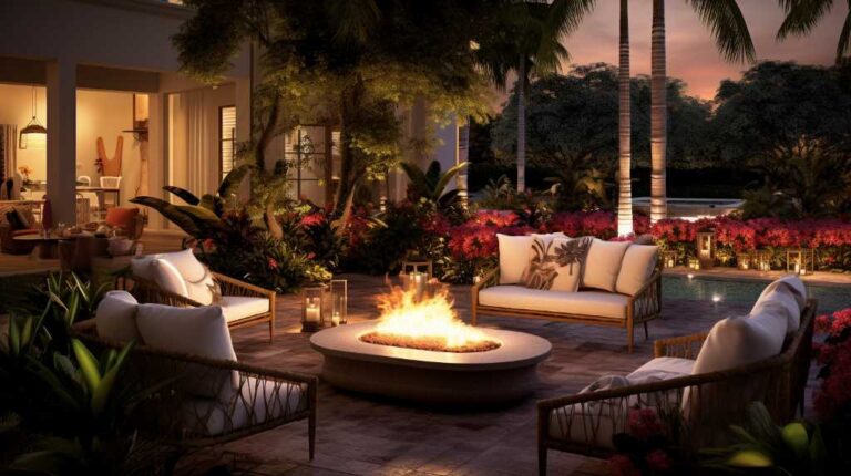 Luxurious tropical garden patio with fire pit at dusk.