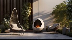 Modern patio with fireplace and cozy wicker chairs.