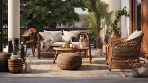 Cozy outdoor patio furniture setup with plants and cushions.