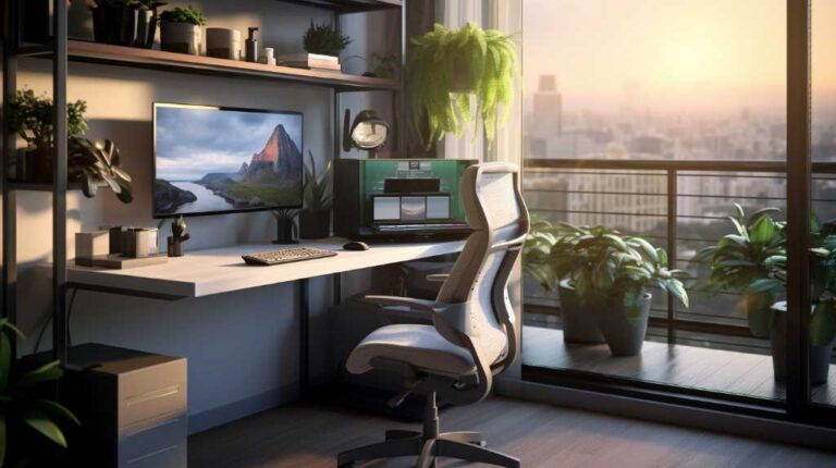 Modern home office with cityscape view and indoor plants.