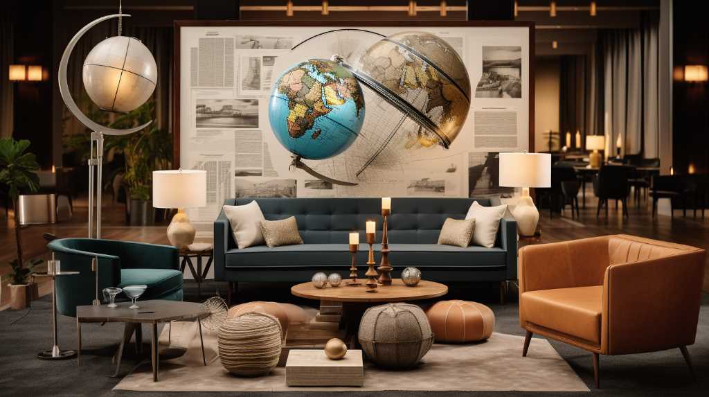 Stylish living room with elegant furniture and world globes.