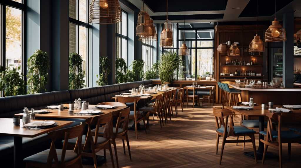 Modern restaurant interior, natural light, stylish wooden furniture.