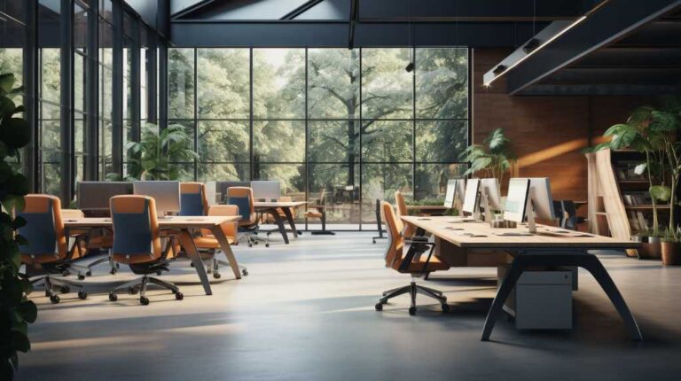 Modern office interior with forest view and natural light.