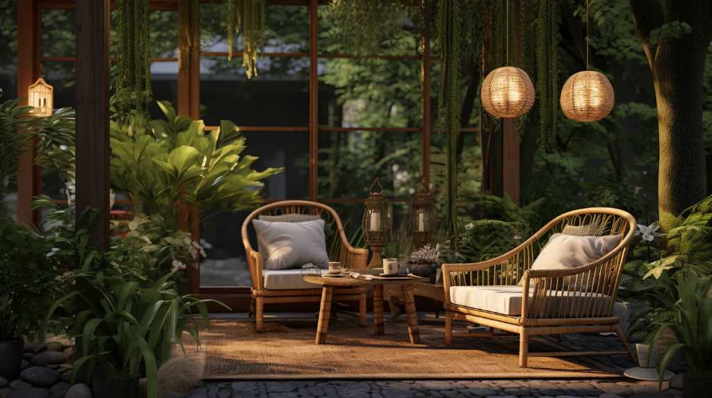 Cosy outdoor patio with rattan furniture and hanging lanterns.